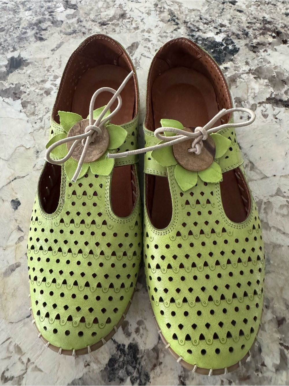 Women’s Spring Step Green Perforated Leather Flats with Decorative Tie